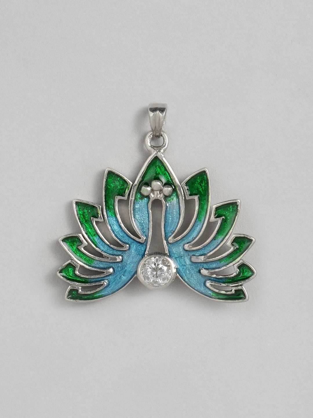 

Onaifa Rose Silver-Toned & Green Sterling Silver-Plated CZ-Studded Peacock Pendant