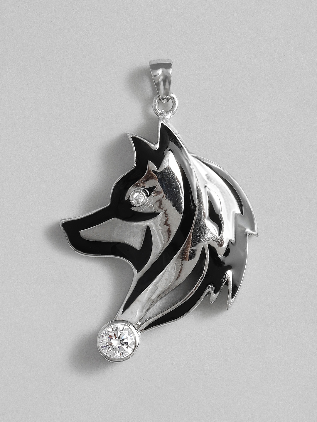 

Onaifa Silver-Toned & Black Rhodium-Plated & CZ Studded Coyote Pendant
