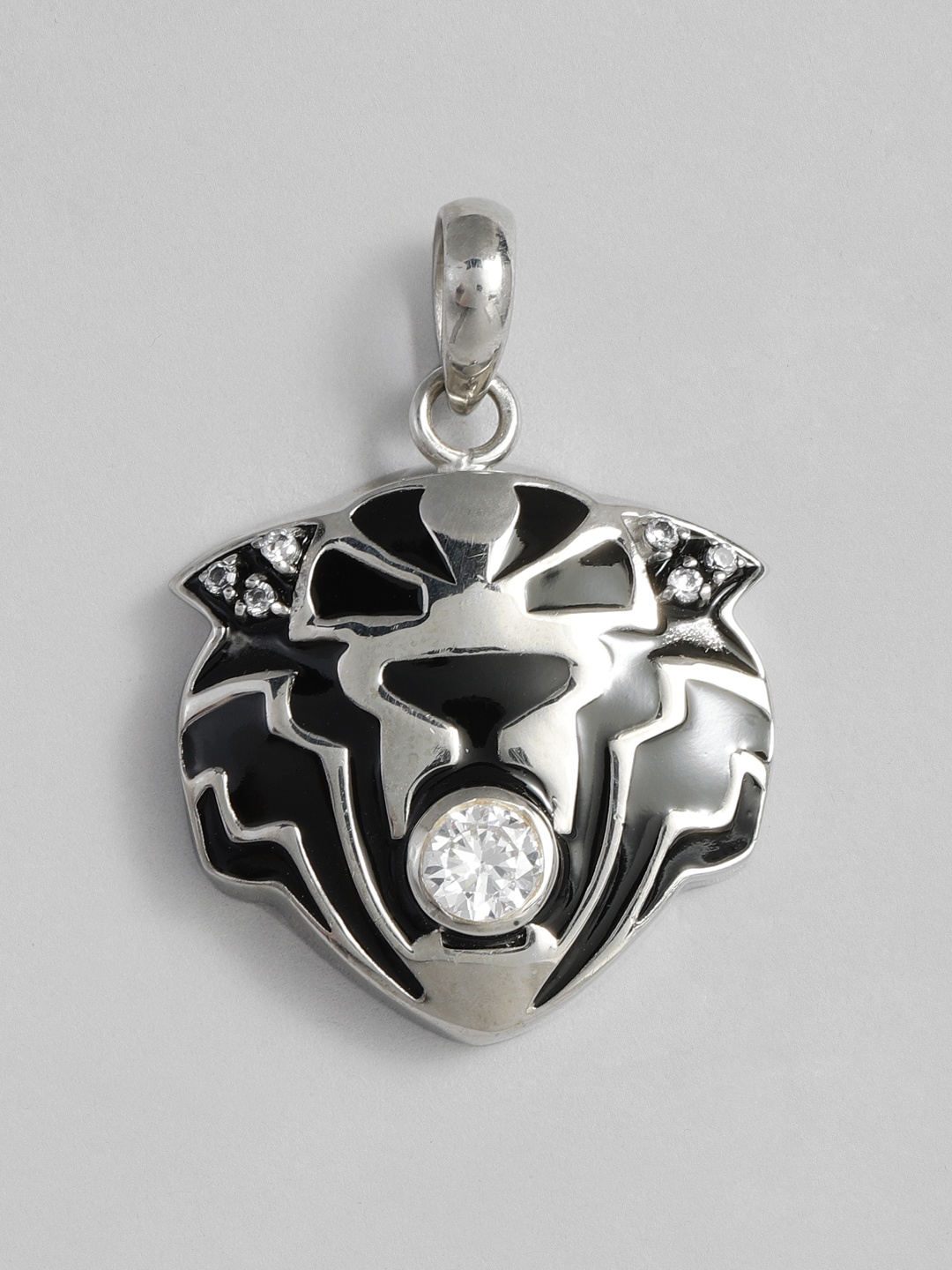 

Onaifa Silver-Toned & Black Rhodium-Plated & CZ Studded Tiger Pendant
