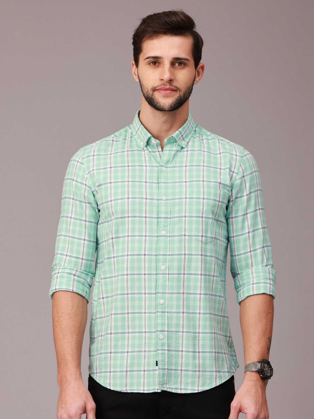 

FOGA Men Lime Green Classic Slim Fit Checked Casual Shirt