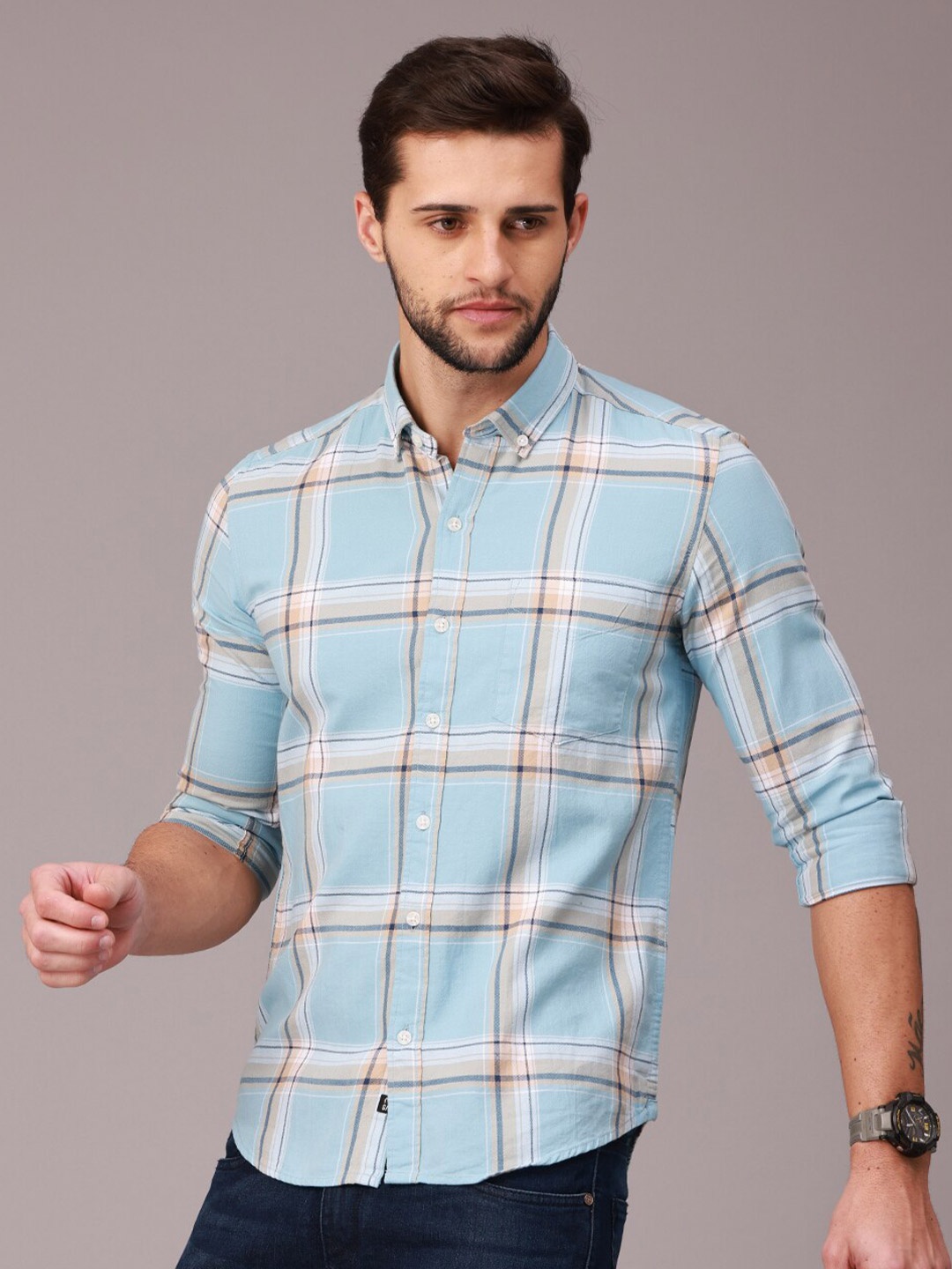 

FOGA Men Blue Classic Slim Fit Windowpane Checks Checked Casual Shirt