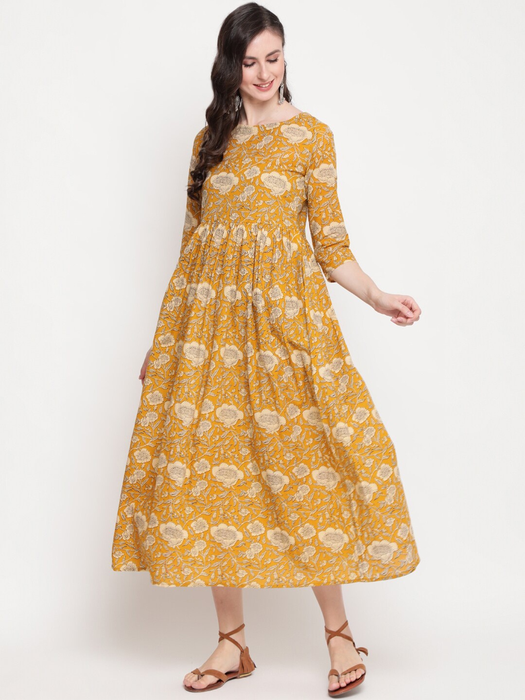 

KIMAYRA Mustard Yellow Floral Ethnic Midi Ethnic Dress