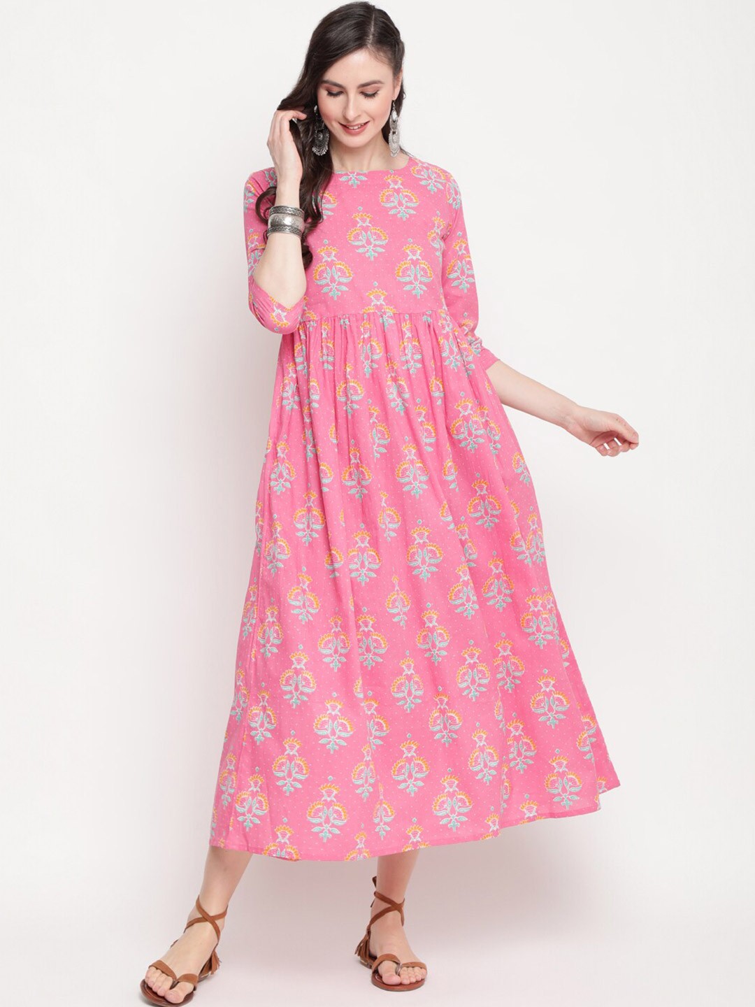 

KIMAYRA Pink Floral Ethnic Midi Dress