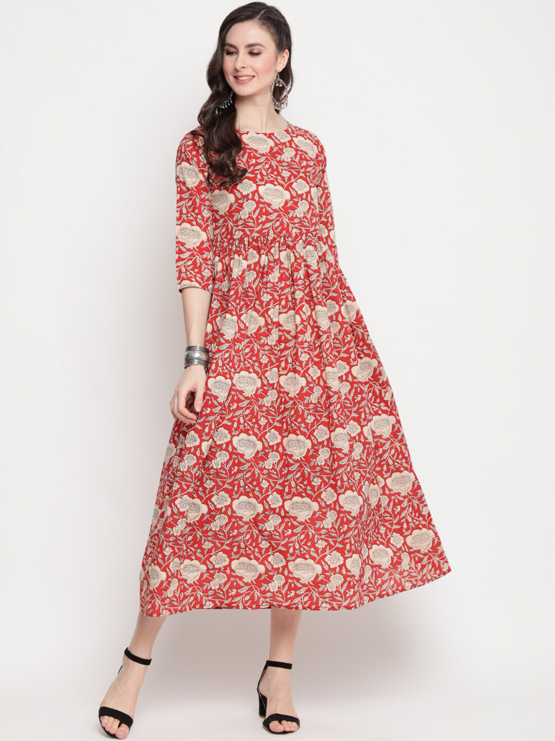 

KIMAYRA Maroon Floral Ethnic A-Line Midi Dress