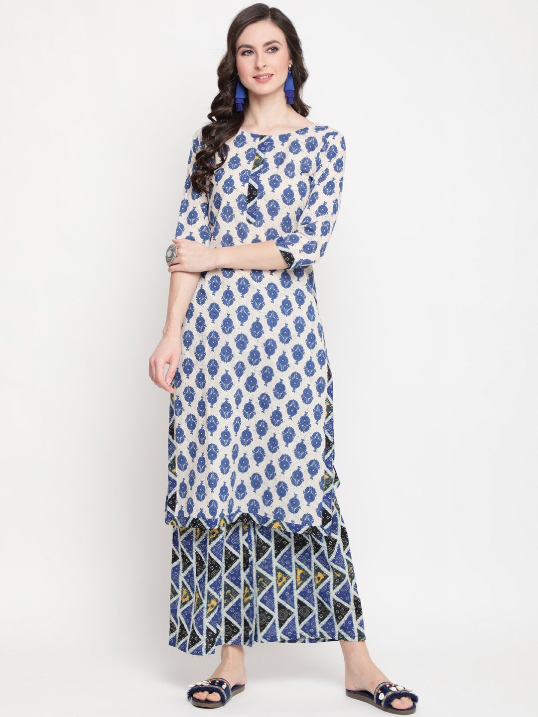 

KIMAYRA Women Blue Floral Printed Pure Cotton Kurta with Palazzos