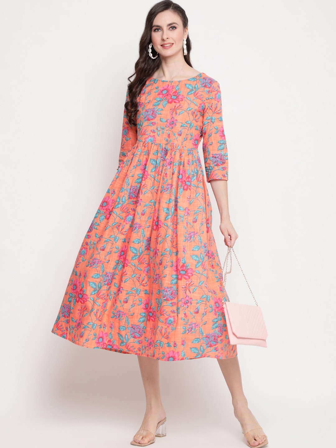 

KIMAYRA Peach-Coloured Floral Ethnic Midi Dress