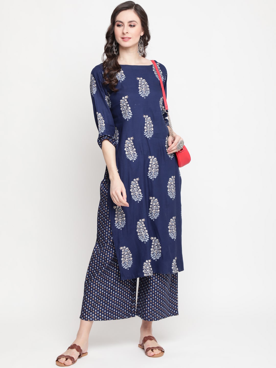 

KIMAYRA Women Navy Blue Ethnic Motifs Printed Kurta with Palazzos