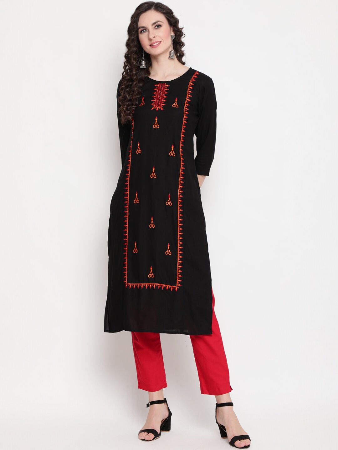 

KIMAYRA Women Black & Pink Ethnic Motifs Embroidered Kurta