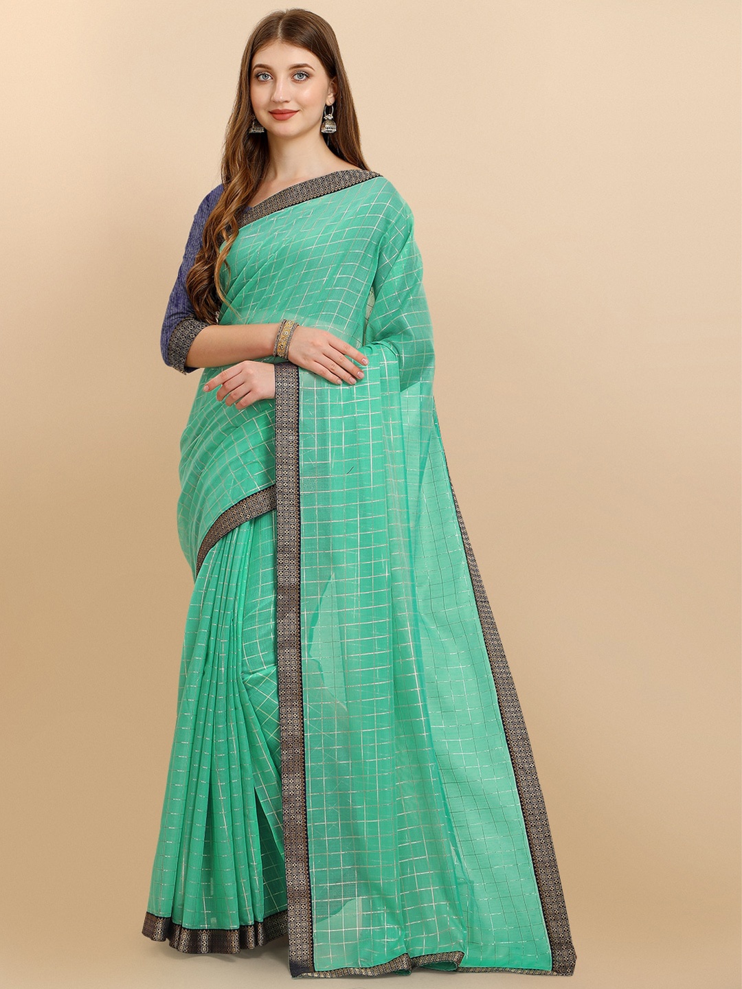 

Iris Green & Gold-Toned Checked Gotta Patti Silk Cotton Chanderi Saree