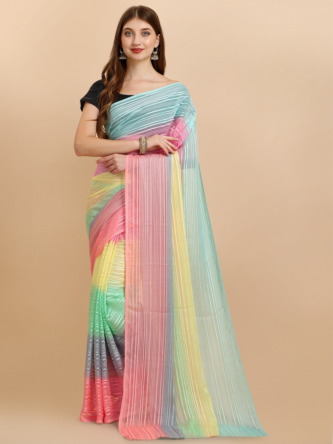 

Iris Pink & Blue Striped Zari Pure Georgette Saree