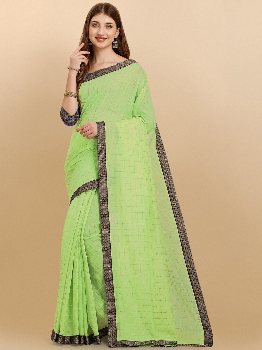 

Iris Lime Green Checked Gotta Patti Silk Cotton Chanderi Saree