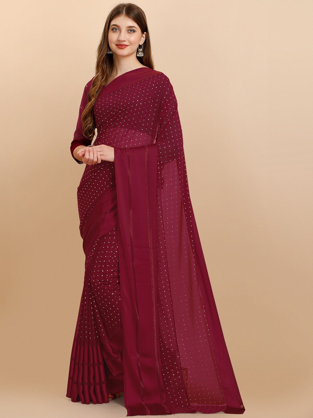 

Iris Maroon Embellished Mukaish Pure Georgette Maheshwari Saree