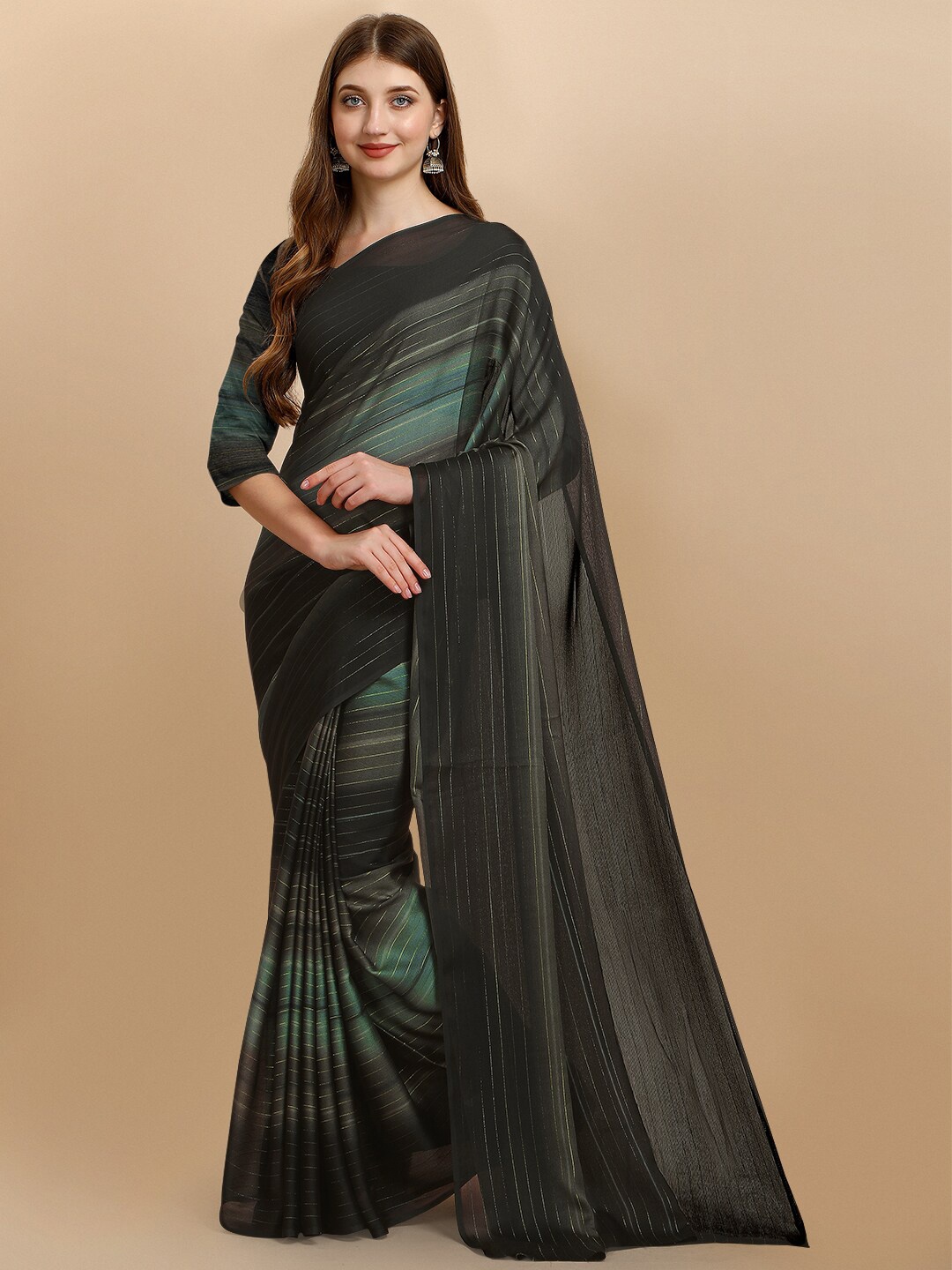 

Iris Black & Green Striped Zari Pure Georgette Saree