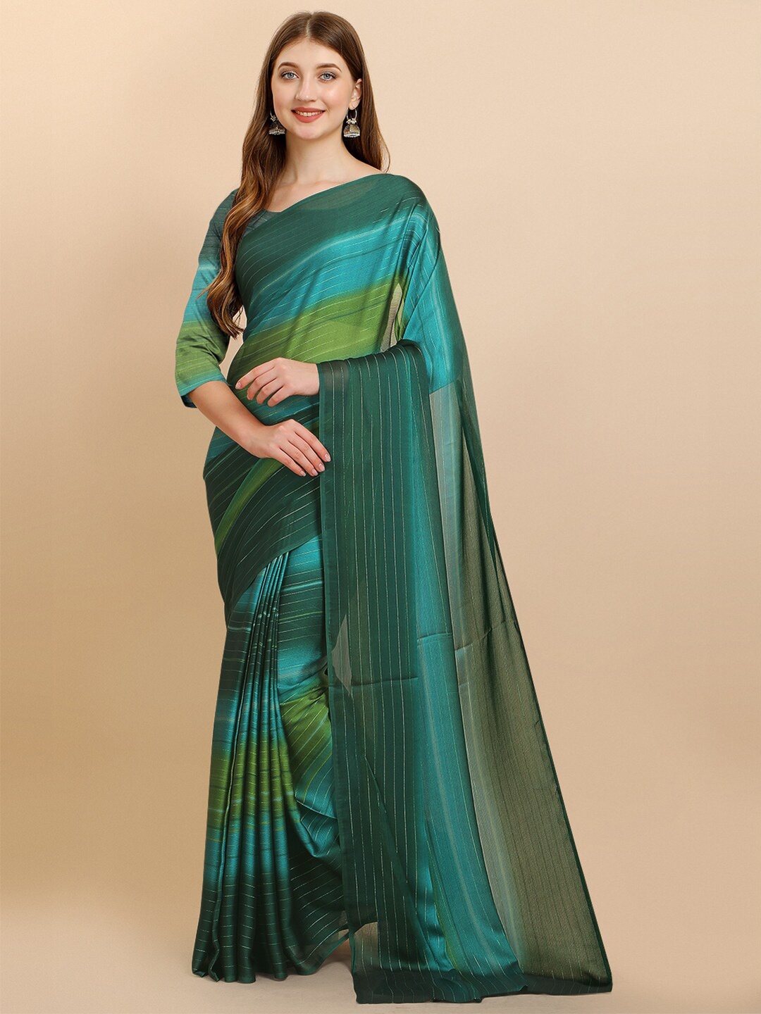 

Iris Green Striped Zari Pure Georgette Saree