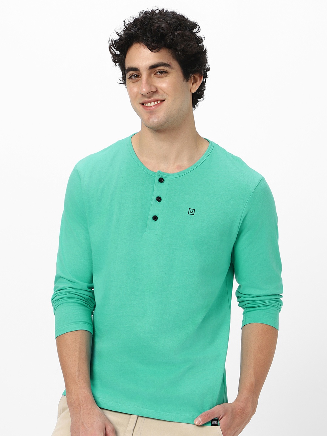 

Urbano Fashion Men Green Henley Neck Slim Fit T-shirt