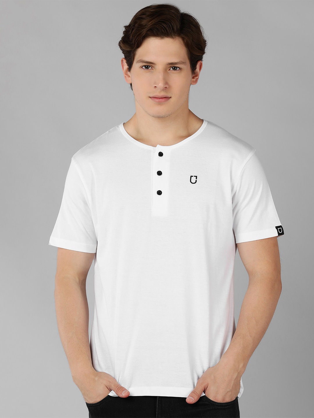 

Urbano Fashion Men White Henley Neck Applique Slim Fit T-shirt