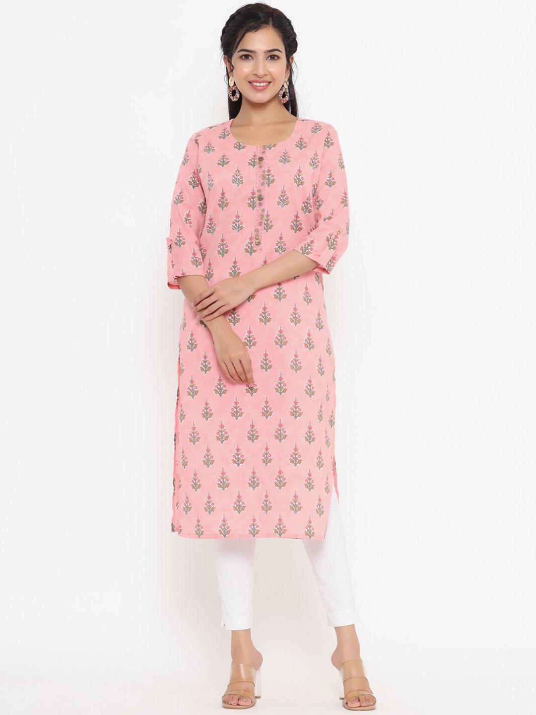

Yufta Women Pink Floral Printed Extended Sleeves Gotta Patti Kurta