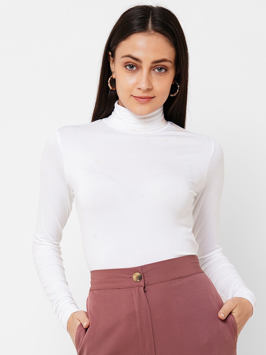 

20Dresses White High Neck Fitted Knitted Top