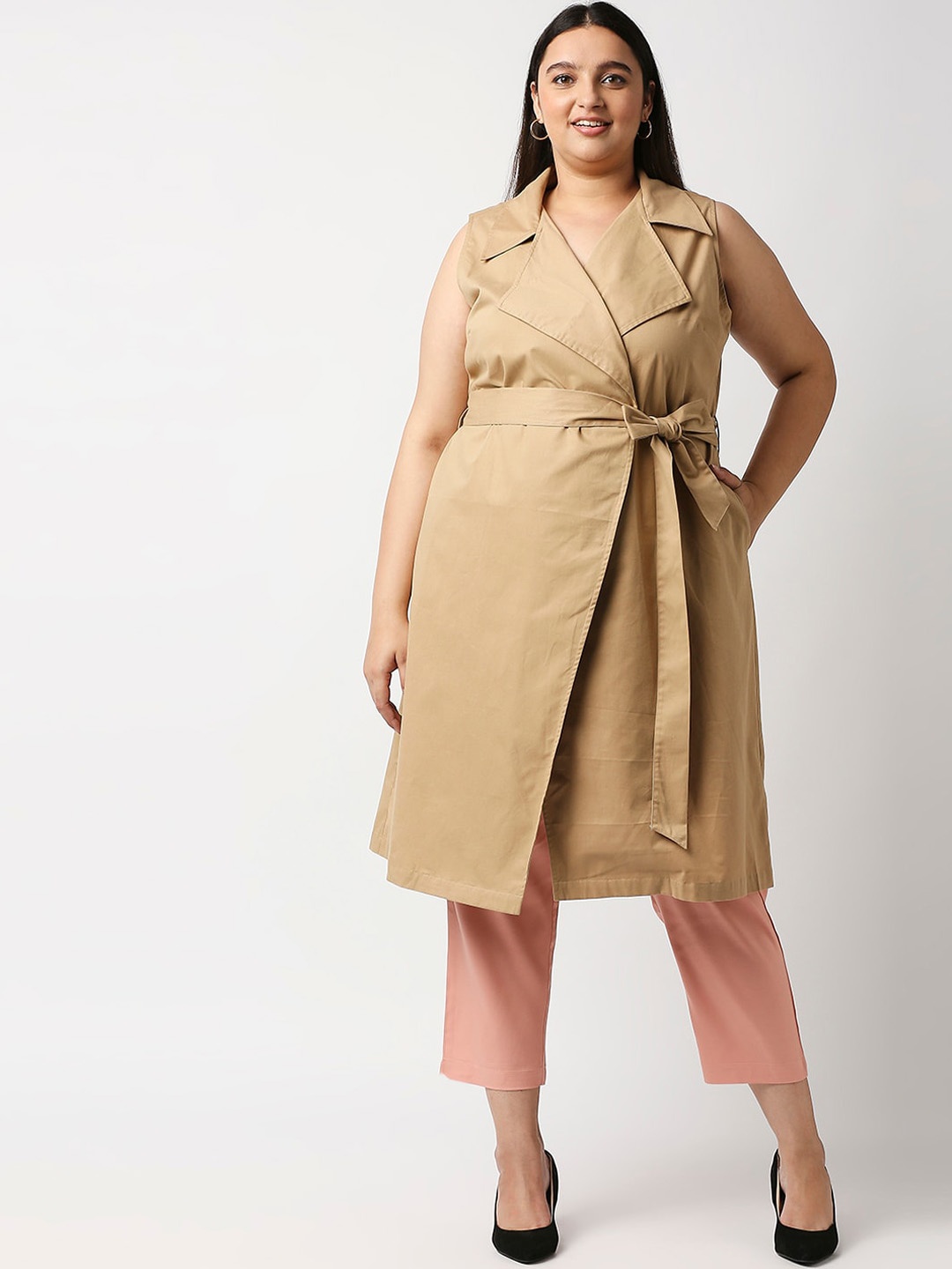 

20Dresses Plus Size Solid Knee-Length Overcoat with Belt, Beige