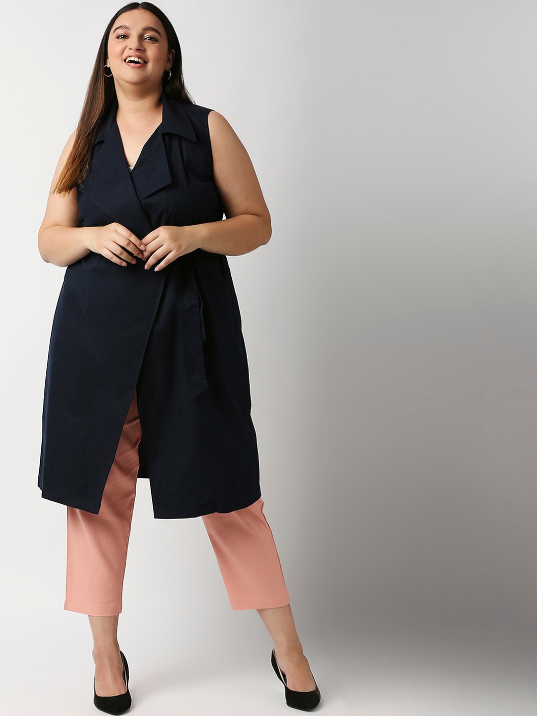 

20Dresses Women Navy Blue Colourblocked Longline Outdoor Tailored Jacket