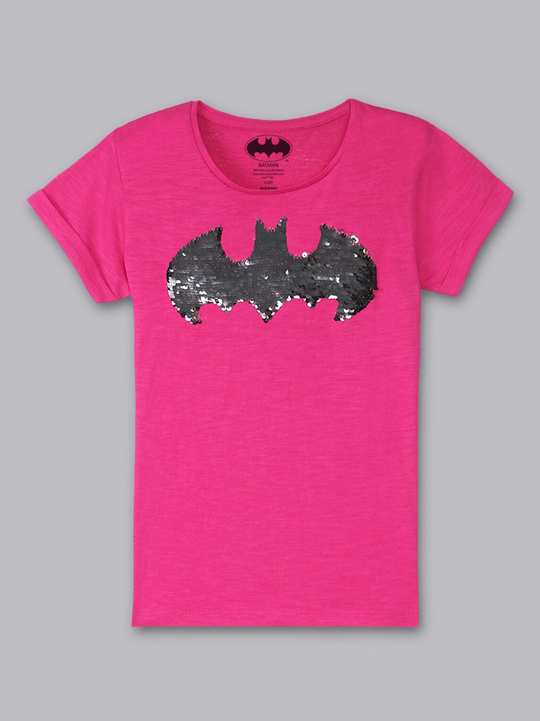 

Kids Ville Girls Pink Batgirl Printed Round Neck Sequin Tshirt