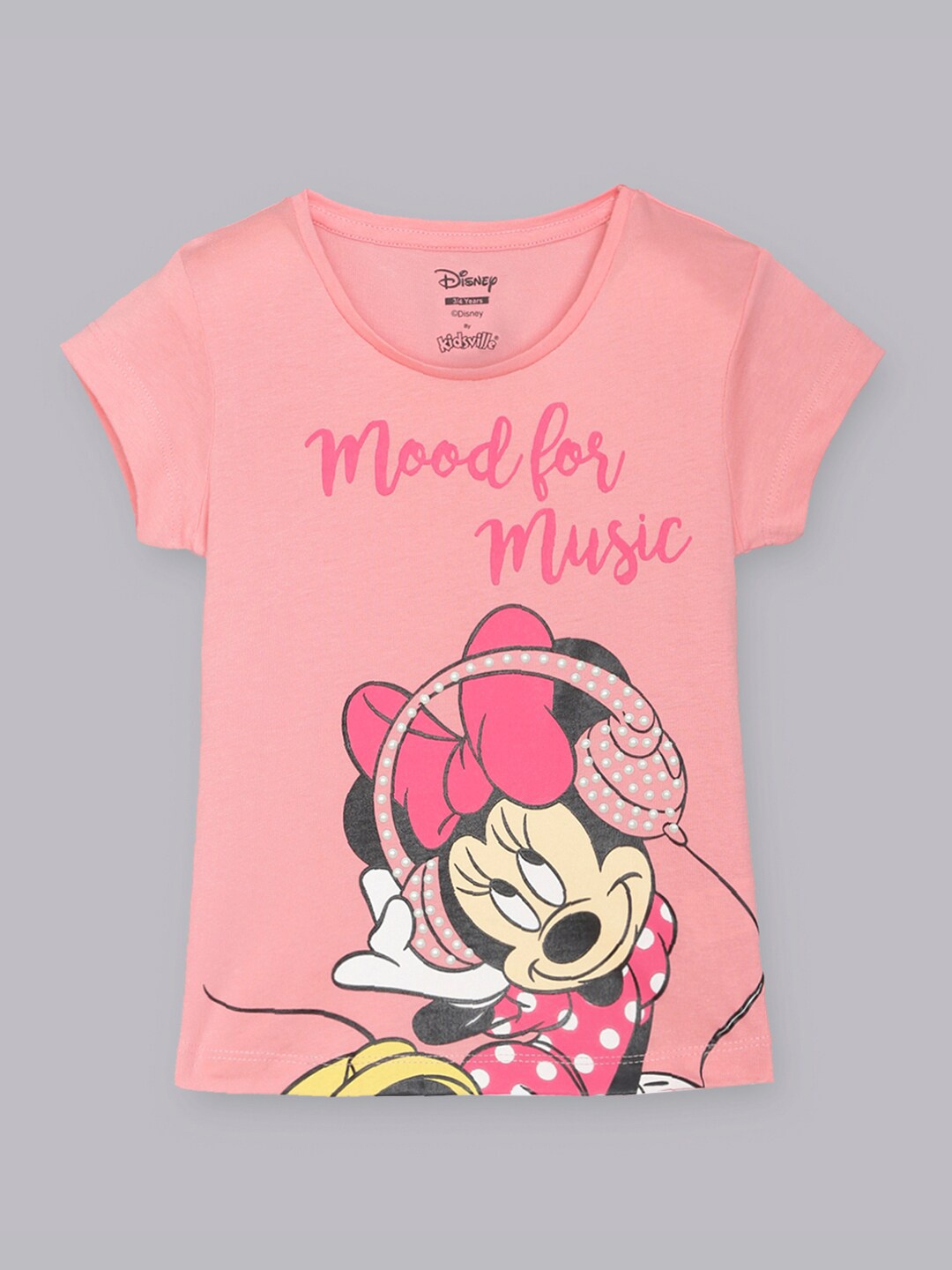 

Kids Ville Girls Peach-Coloured Mickey & Friends Featured Round Neck Tshirt