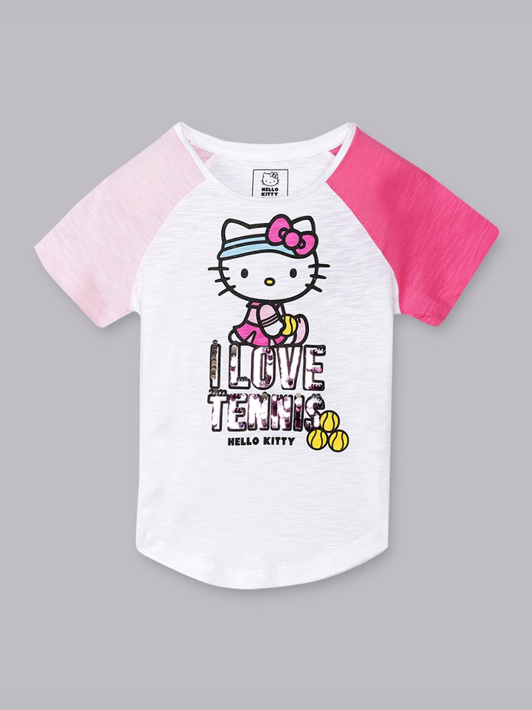 

Kids Ville Girls White Hello Kitty Printed Drop-Shoulder Sleeves Applique T-shirt