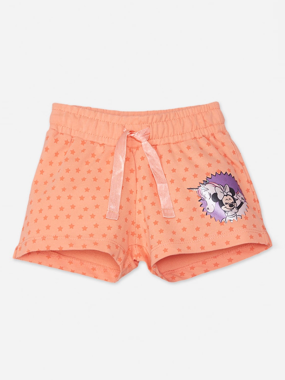 

Kids Ville Girls Peach-Coloured Conversational Printed Mickey & Friends Shorts