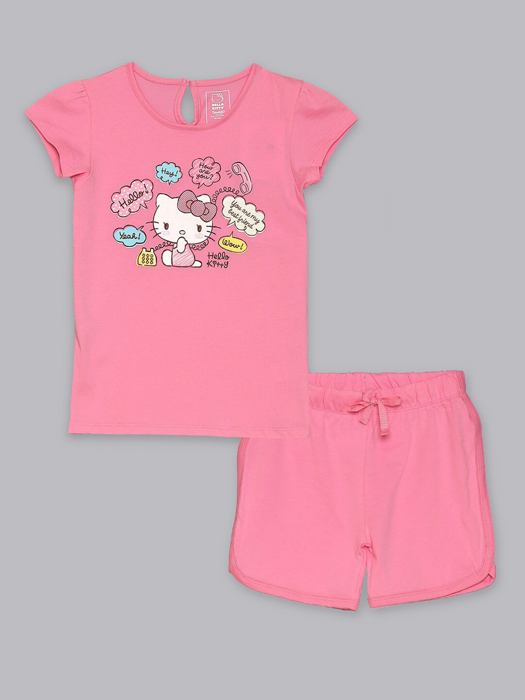 

Kids Ville Girls Pink Hello Kitty Printed Pure Cotton T-shirt with Shorts