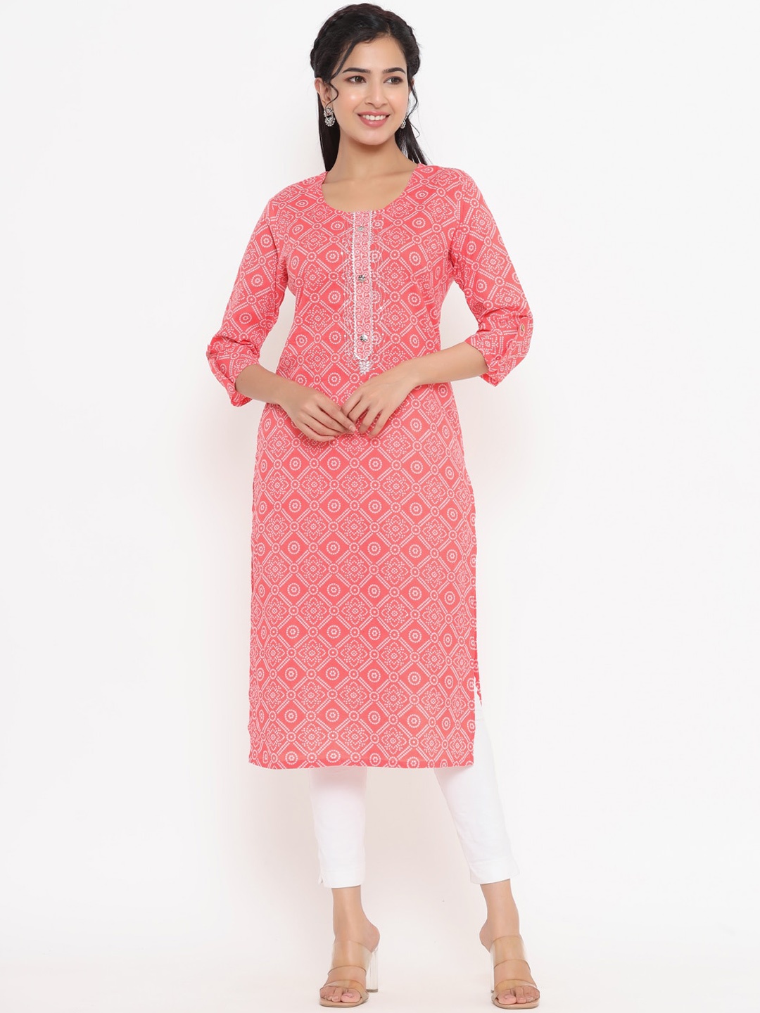 

Yufta Women Peach-Coloured Geometric Printed Gotta Patti Kurta