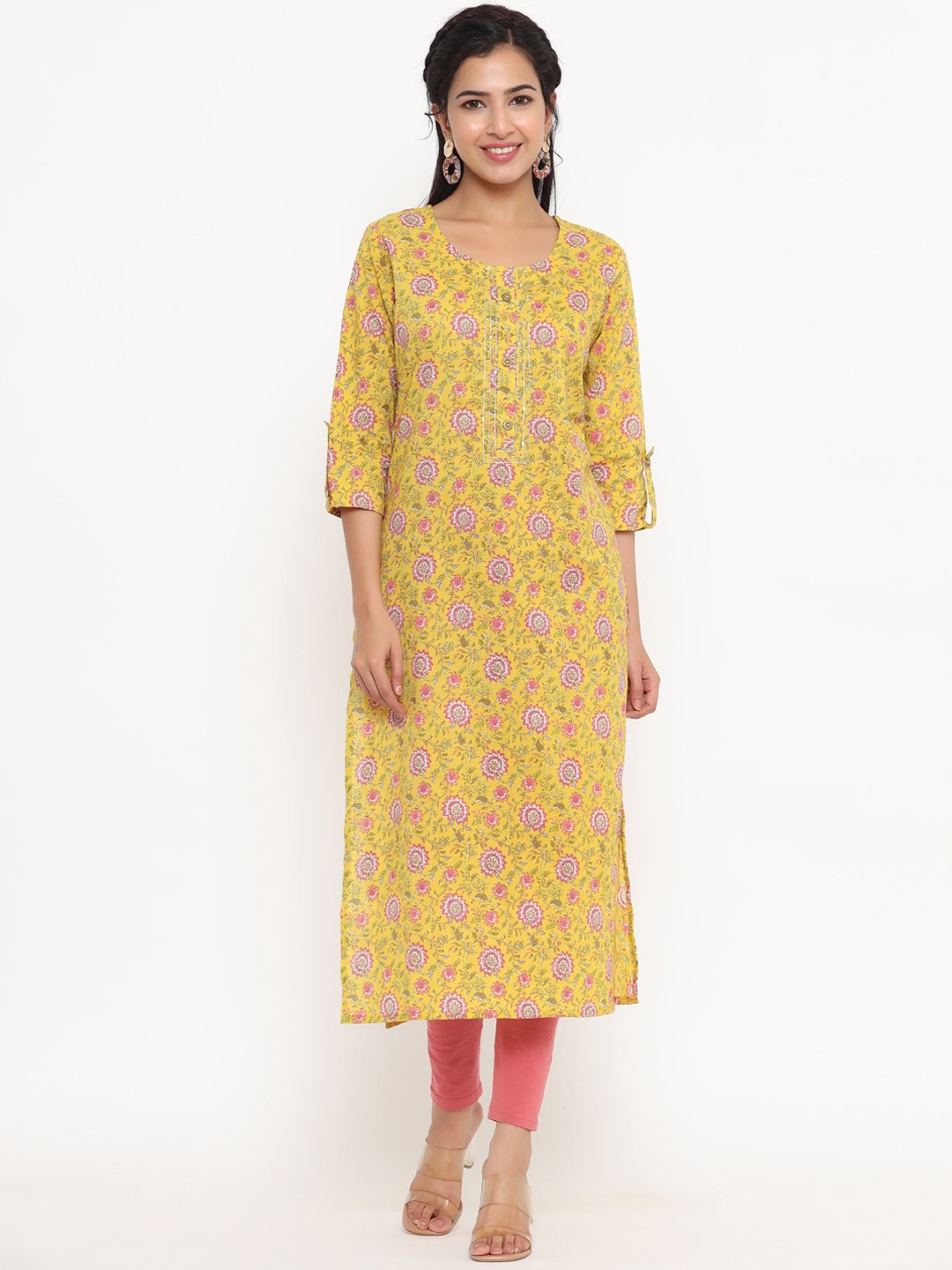

Yufta Yellow Floral Printed Cotton Kurta