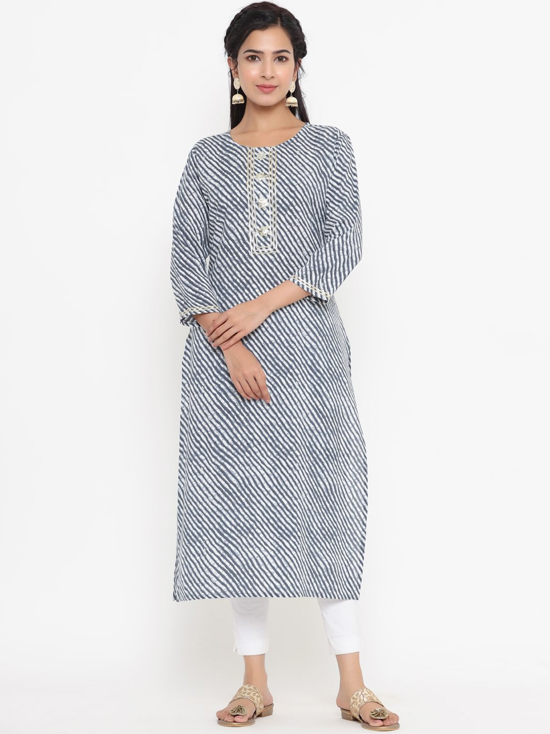 

Yufta Women Grey Ethnic Motifs Striped Mirror Work Kurta