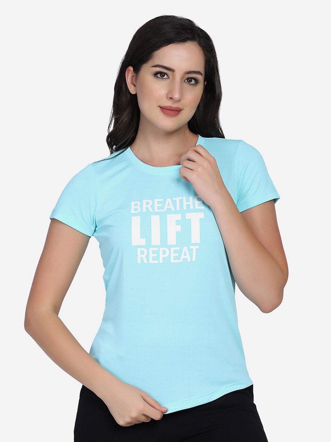 

PERFKT-U Women Blue Typography Printed Training or Gym T-shirt