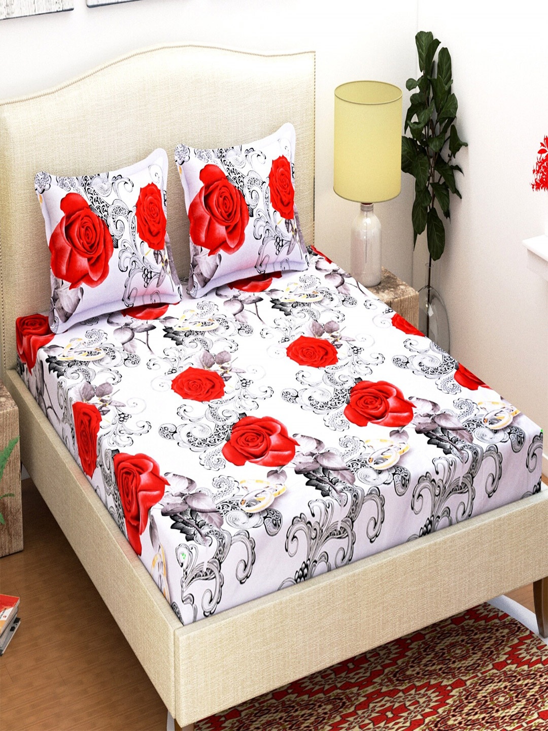 

Homefab India White Red Floral 144 TC Queen Bedsheet with 2 Pillow Covers