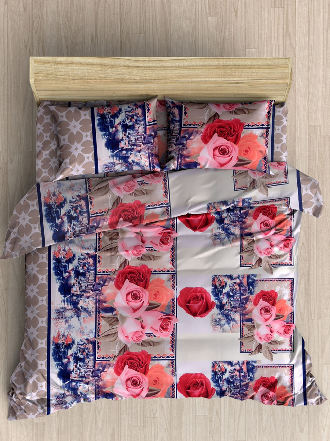 

Homefab India Beige & Blue Floral 144 TC Queen Bedsheet with 2 Pillow Covers