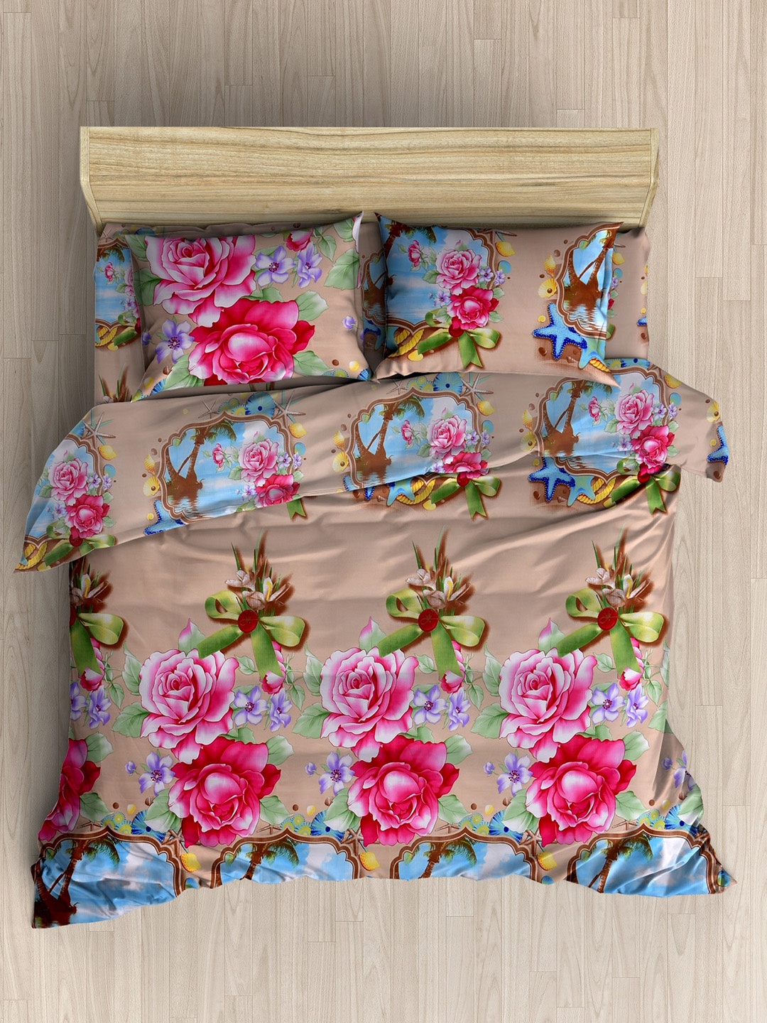 

Homefab India Beige & Pink Floral 144 TC Queen Bedsheet with 2 Pillow Covers