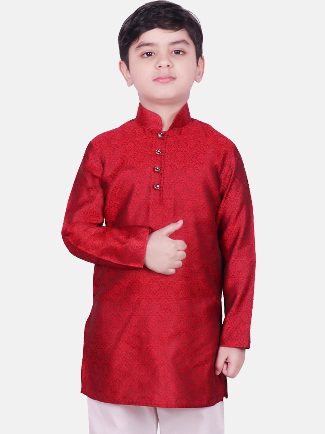 

SG YUVRAJ Boys Maroon Embroidered Chikankari Brocade Satin Kurta