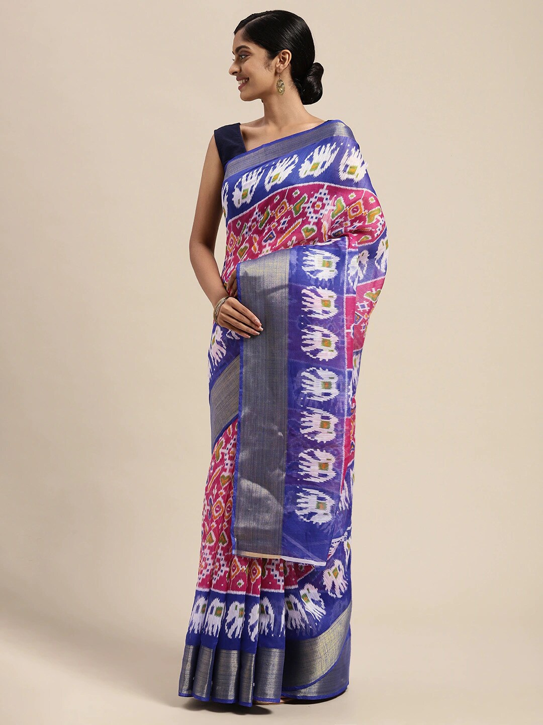 

KALINI Pink & Blue Bandhani Zari Silk Cotton Pochampally Saree