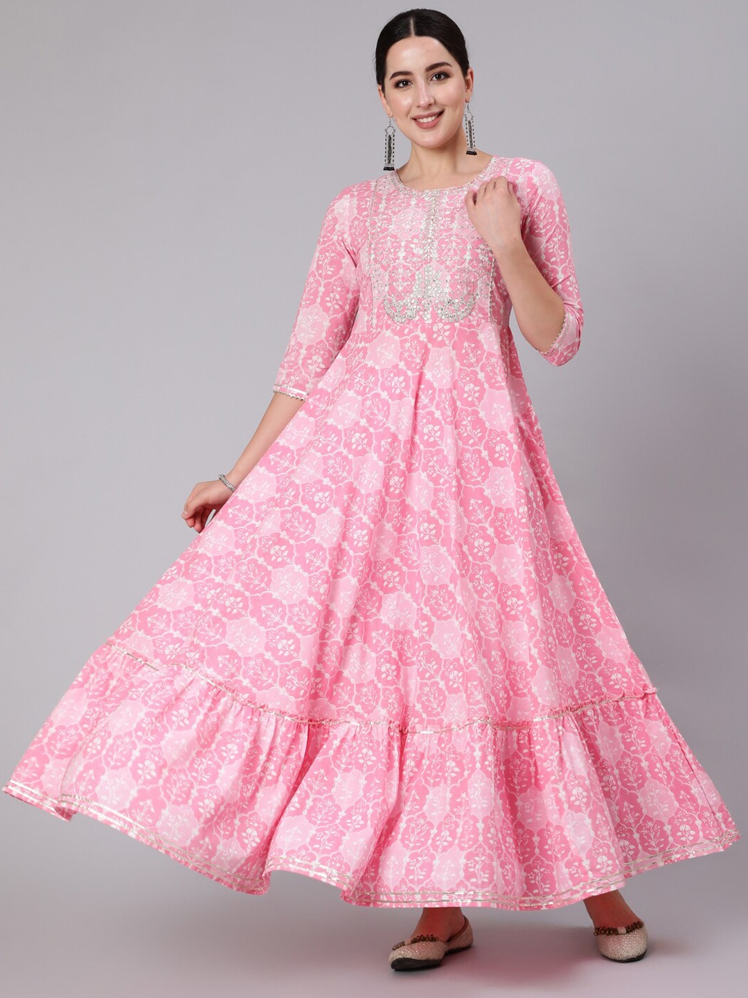 

KIMAYRA Women Pink Floral Striped Flared Sleeves Anarkali Kurta