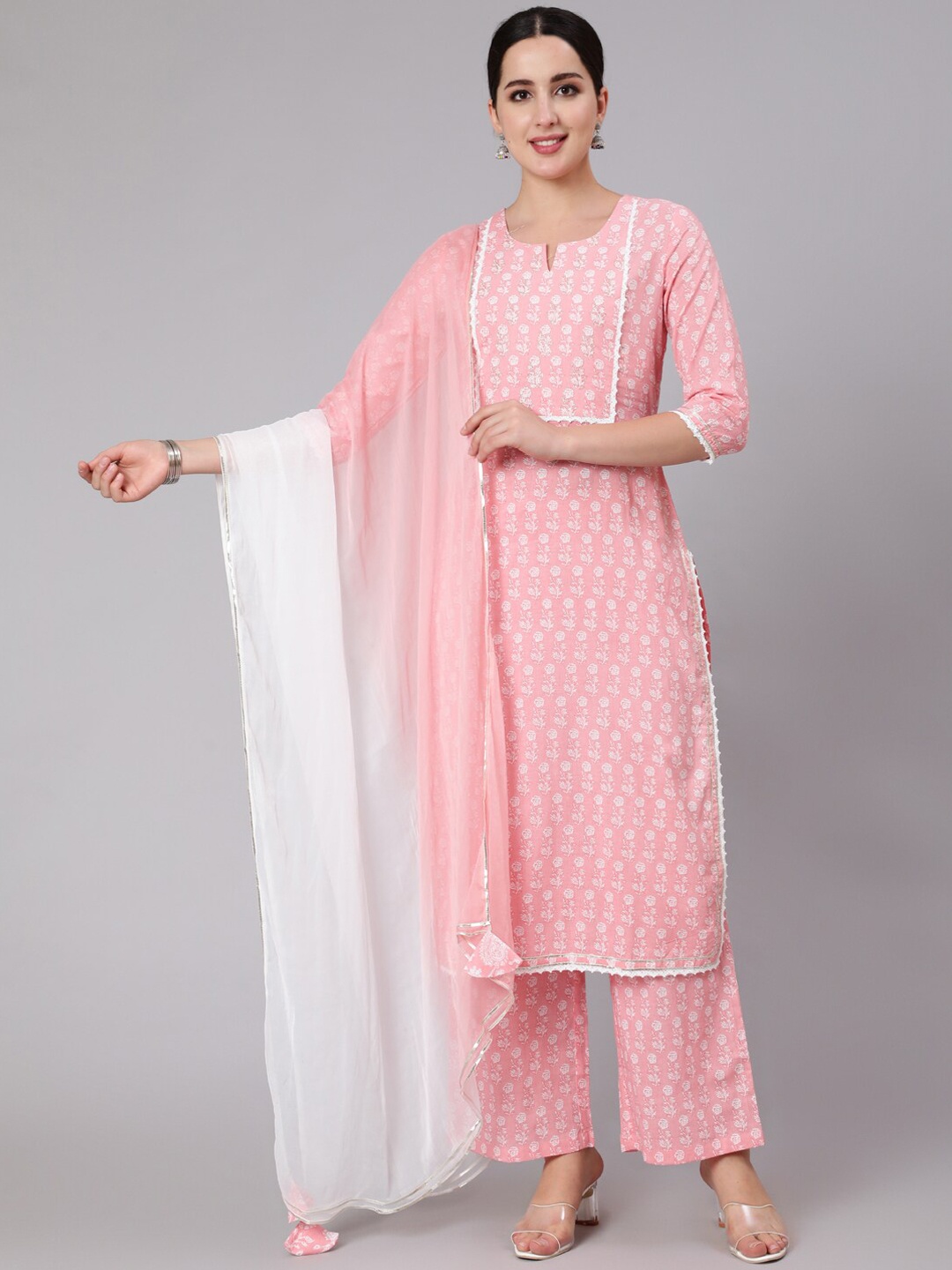 

KIMAYRA Women Pink Yoke Design Panelled Pure Cotton Kurti with Trousers & With Dupatta