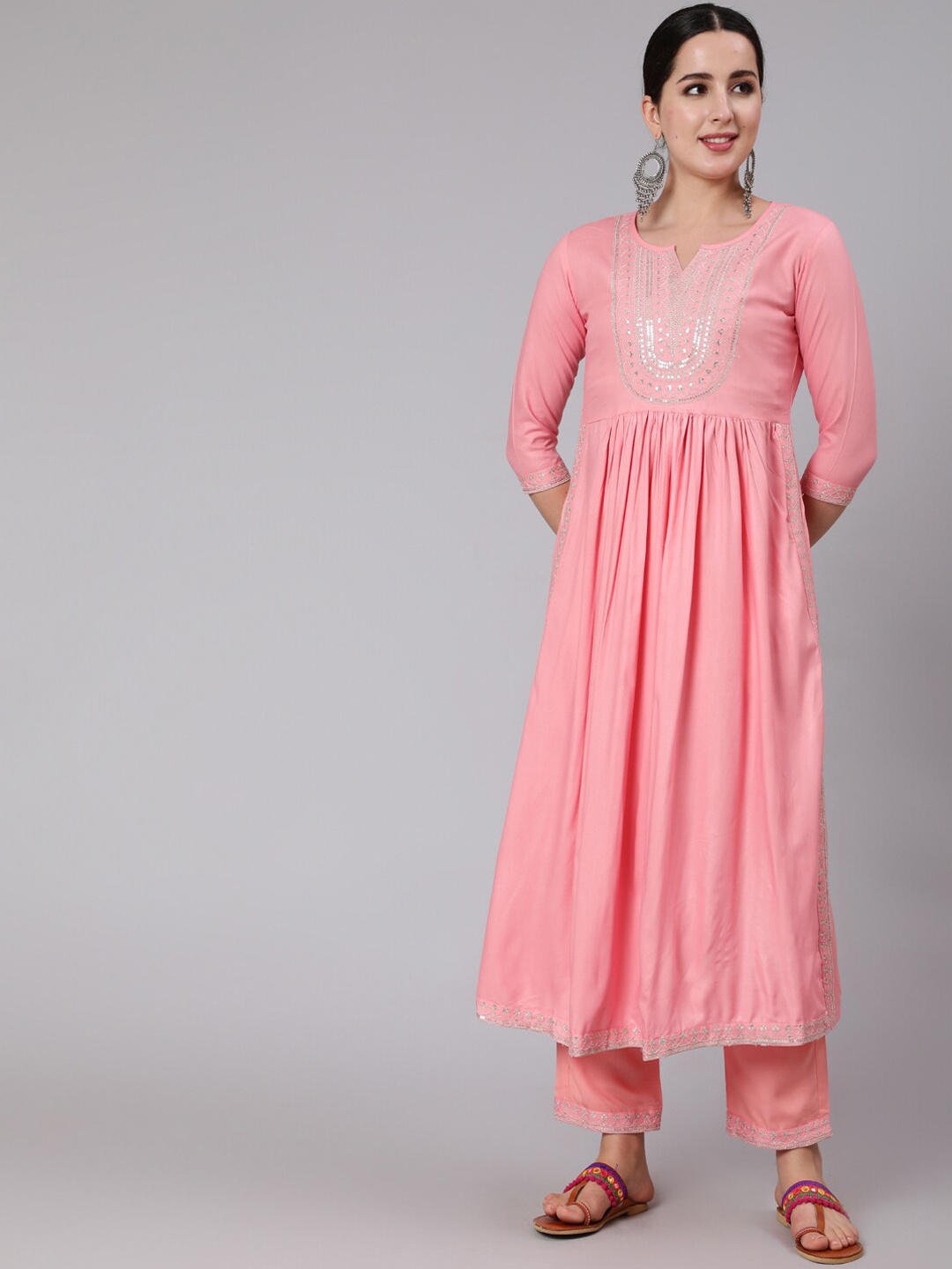 

KIMAYRA Women Pink Pleated Kurta with Trousers