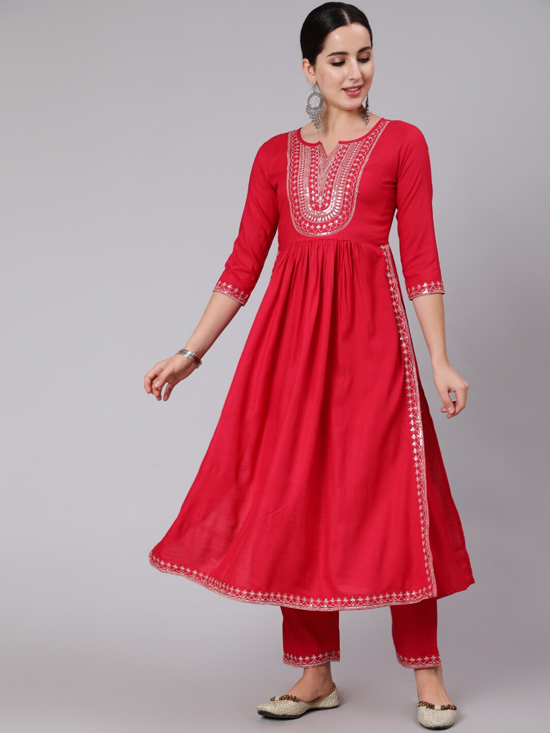 

KIMAYRA Women Coral Floral Yoke Design Pleated Kurti with Trousers & With Dupatta