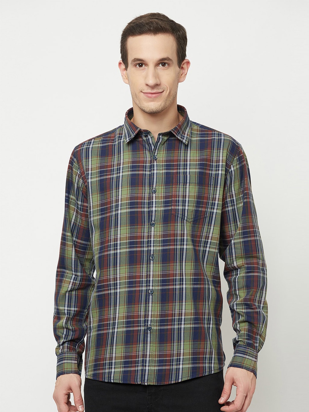 

METTLE Men Olive Green Tartan Checks Checked Casual Shirt