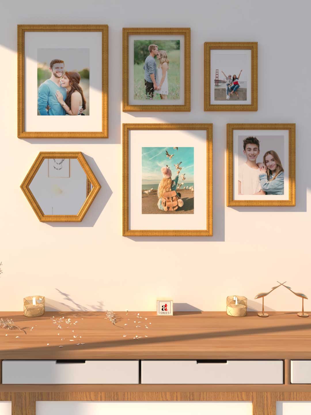 

Art Street Set of 6 Rectangle & Hexagonal Golden Wall Photo frames, Gold
