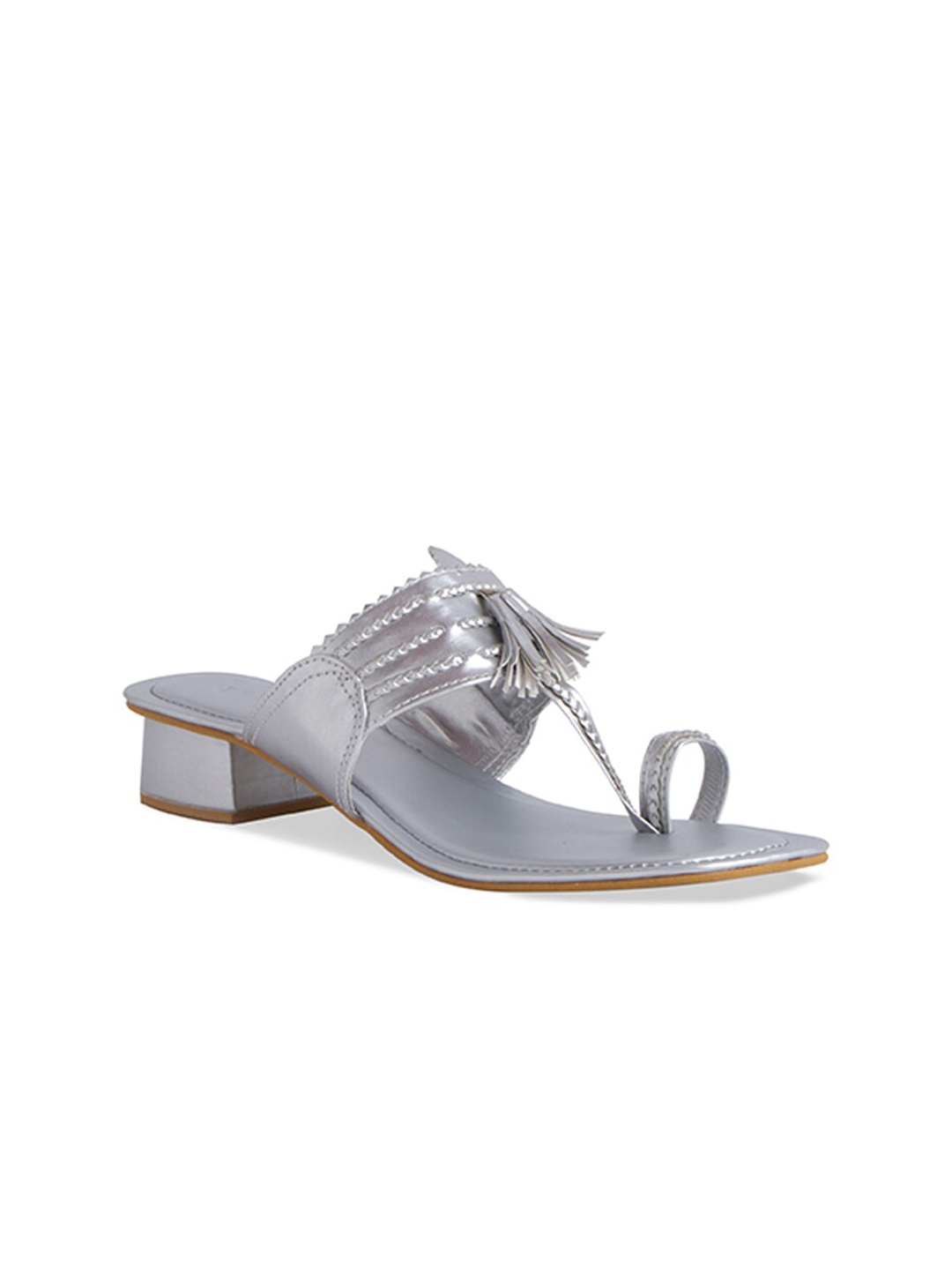 

ERIDANI Silver-Toned Embellished Block Sandals with Tassels