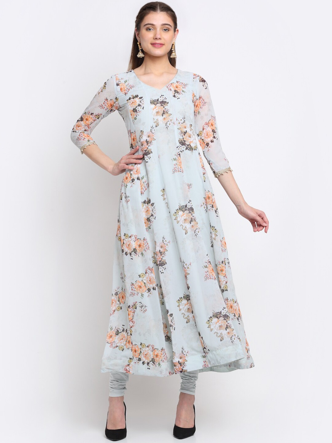 

anokherang Women Grey Printed Layered Silk Georgette Kurti with Trousers