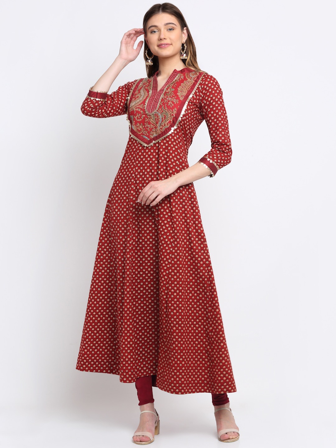 

anokherang Women Red Ethnic Motifs Printed Panelled Pure Cotton Kurta with Trousers