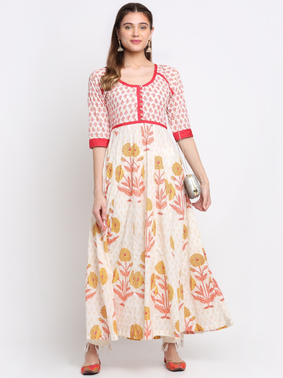 

anokherang Women Off White Ethnic Motifs Printed Pure Cotton Kurta with Palazzos