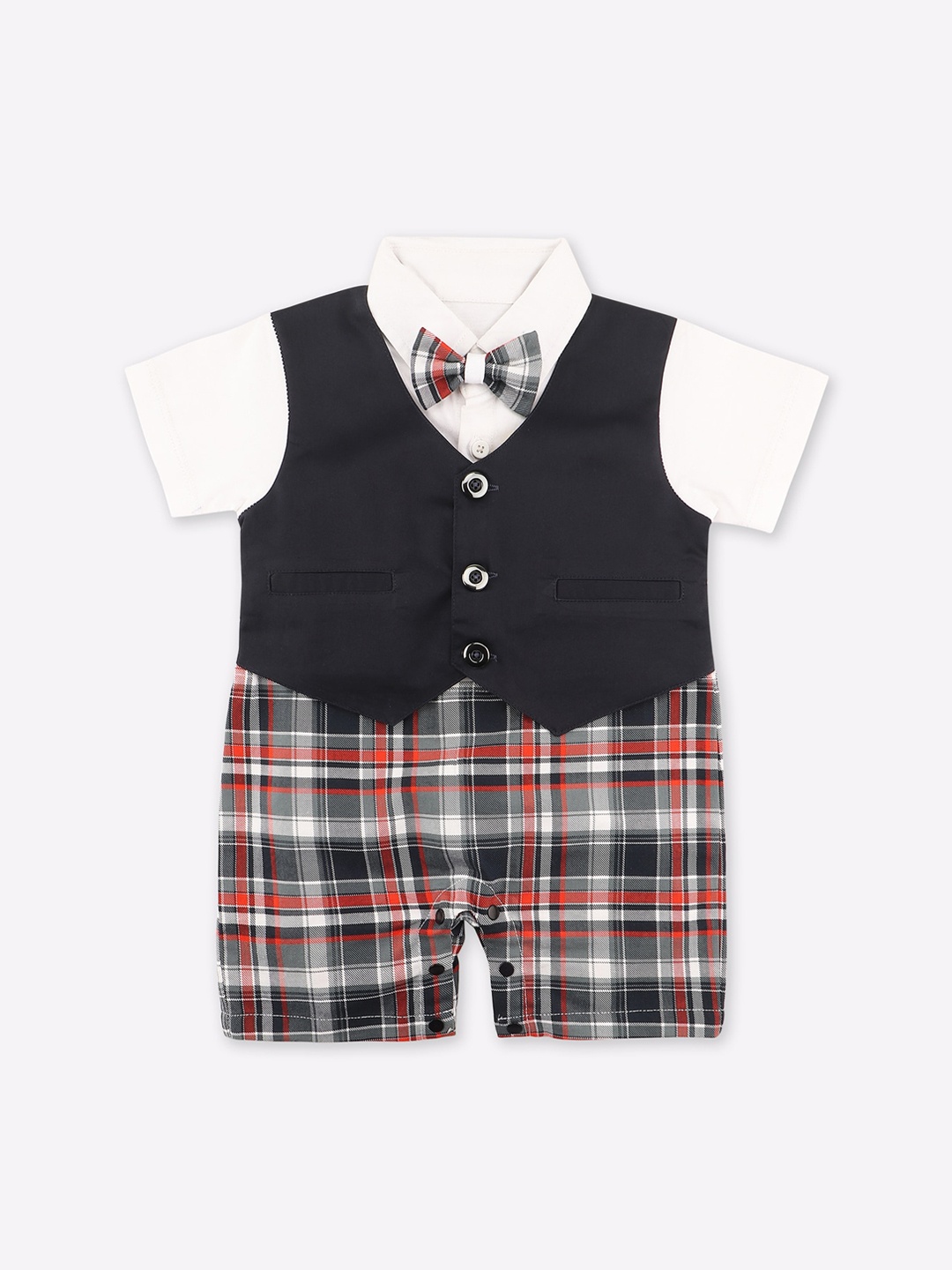 

Little County Infant Boys Navy-Blue & White Checked Pure Cotton Rompers