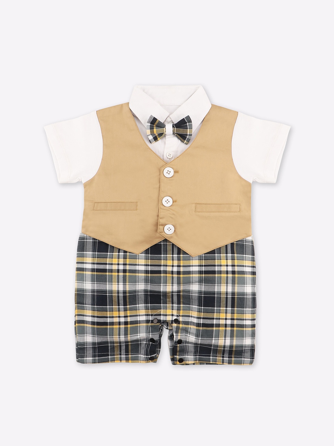 

Little County Infant Boys Khaki-Brown & White Checked Pure Cotton Rompers